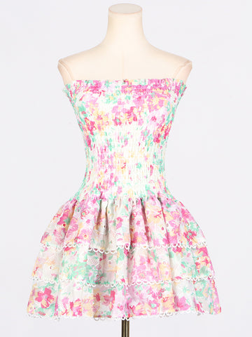 Woochic robe cocktail à volants bustier à imprimé dentelle florale rose1 S